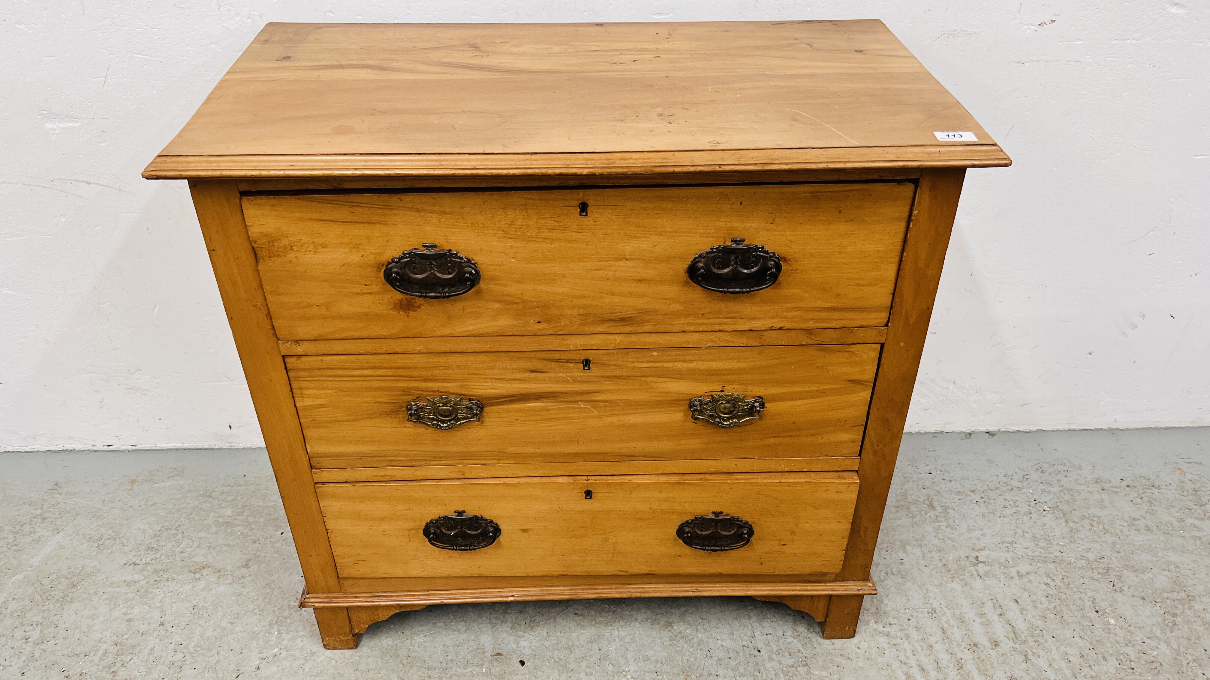 VINTAGE SATINWOOD THREE DRAWER CHEST WIDTH 84CM. DEPTH 43CM. HEIGHT 79CM.