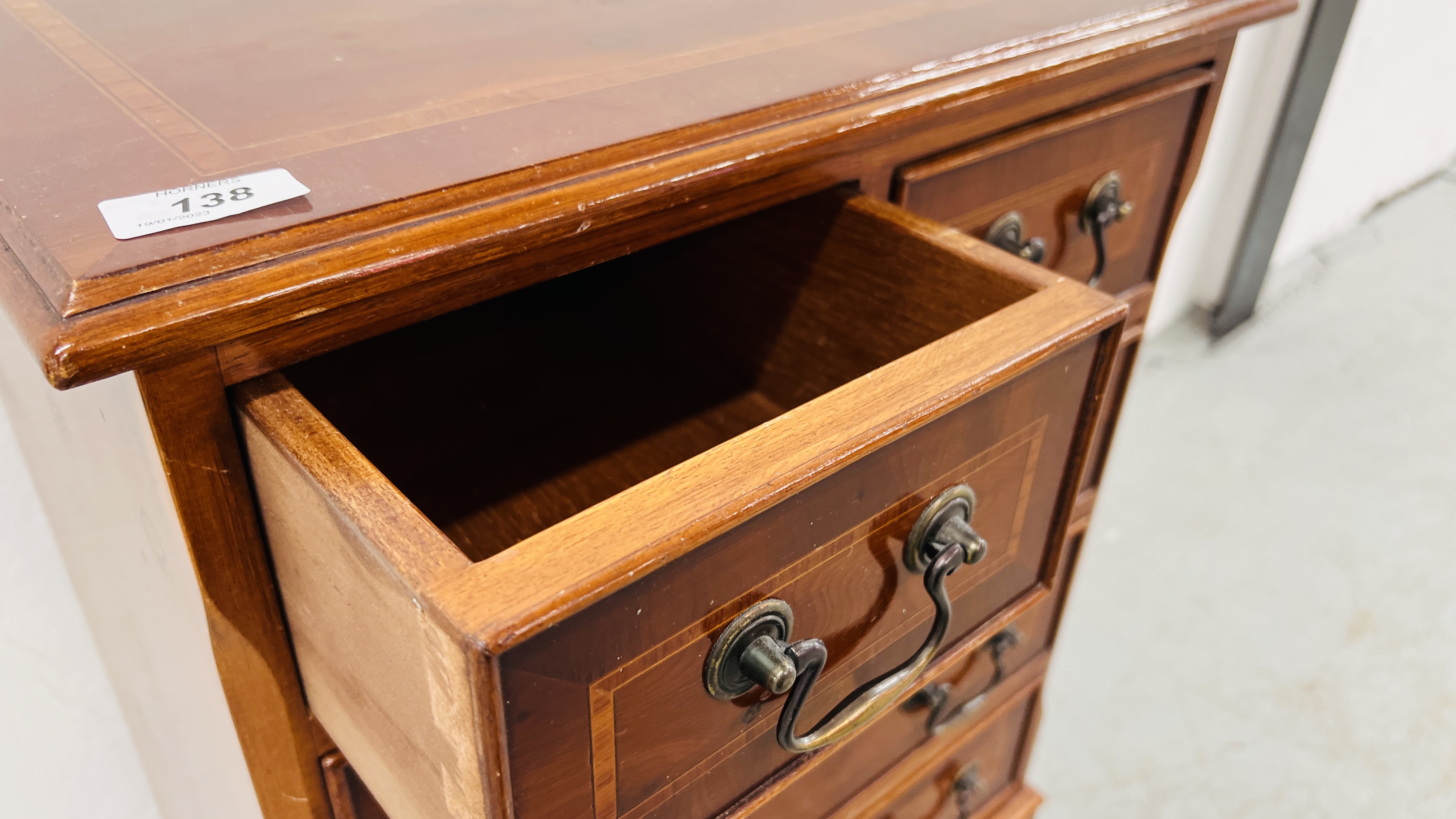 REPRODUCTION MINIATURE TWO OVER THREE DRAWER CHEST WITH INLAID BANDING WIDTH 46.5CM. DEPTH 32.5CM. - Image 8 of 9