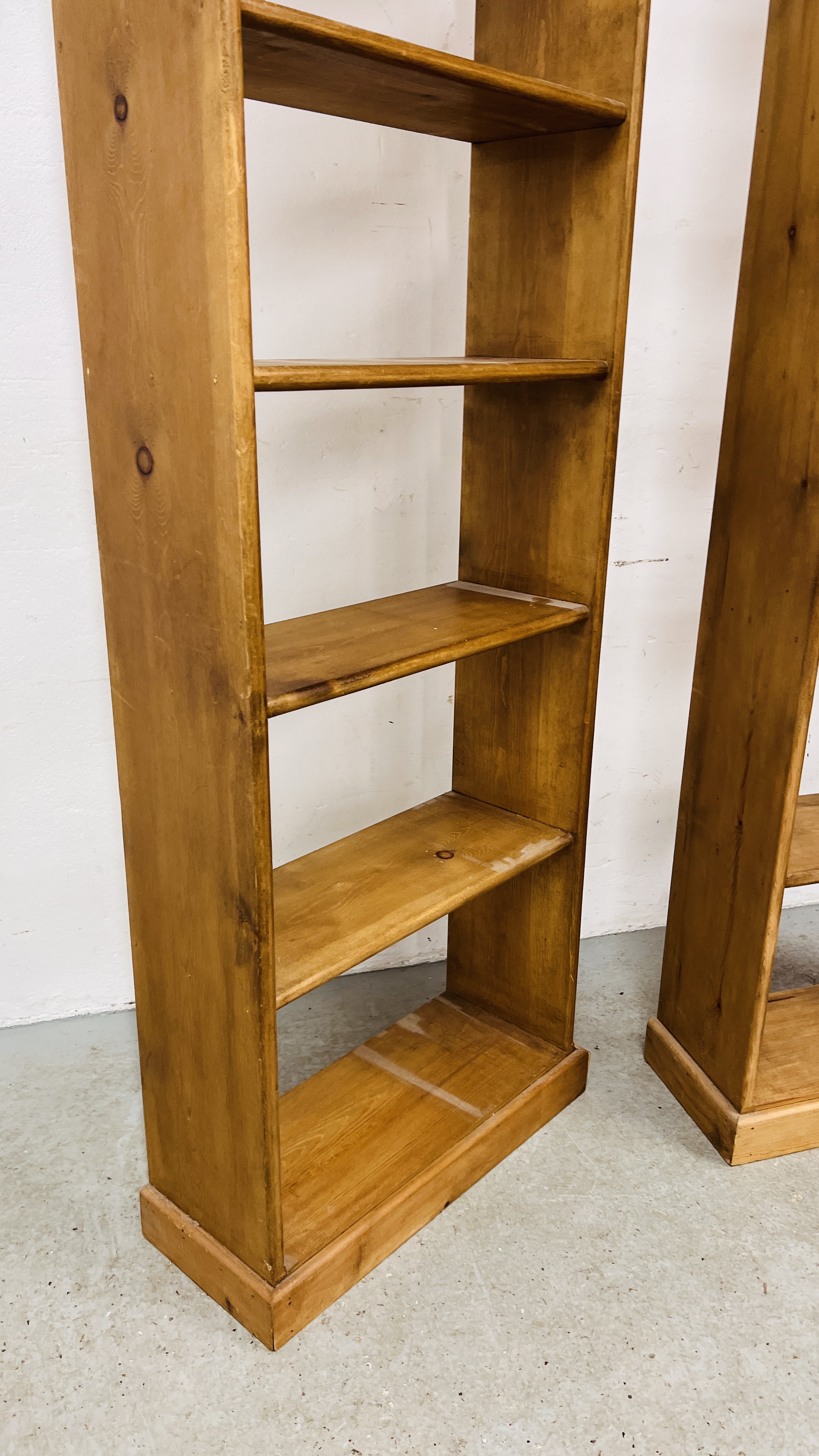 THREE WAXED PINE SEVEN TIER OPEN BACK SHELVES TO INCLUDE 2 X WIDTH 55CM. HEIGHT 176CM. - Image 8 of 13