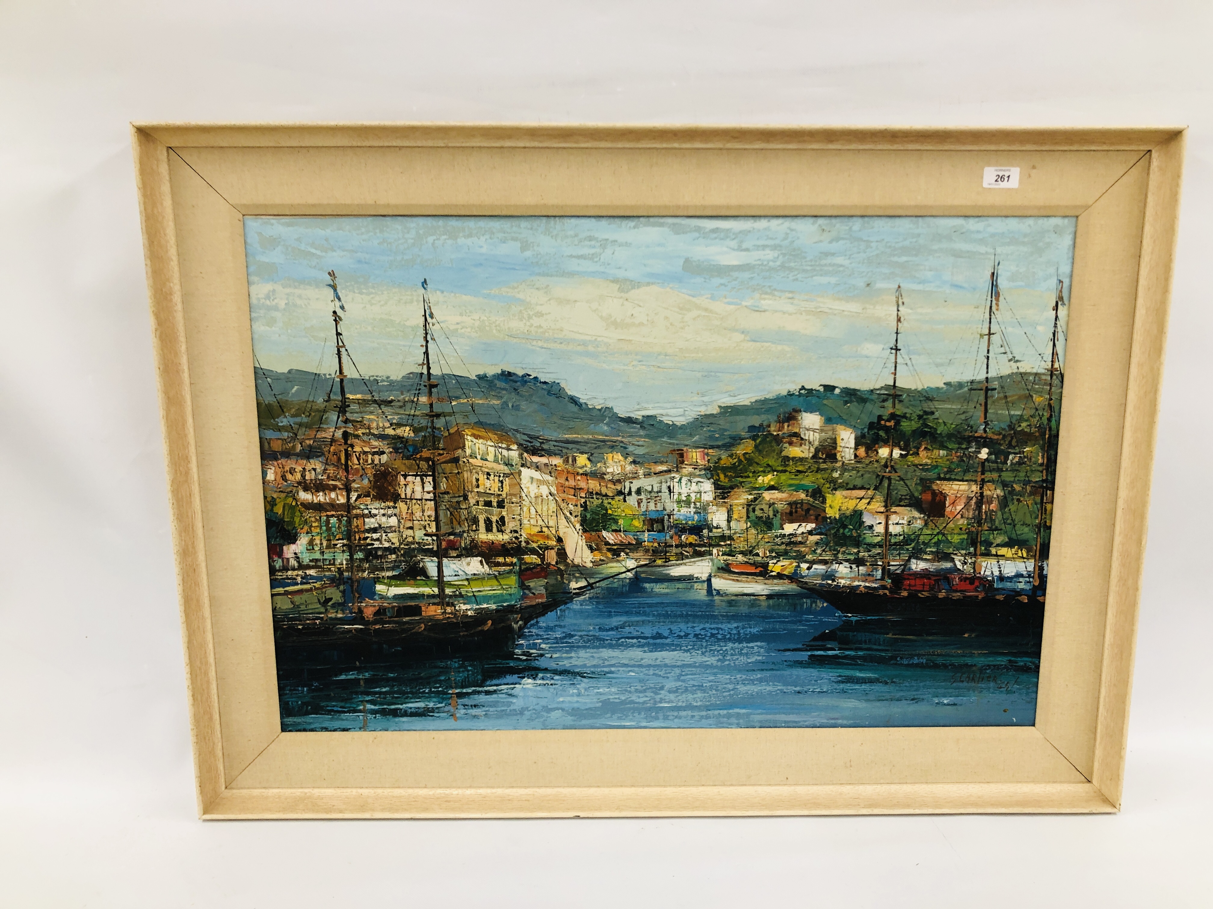 S. CARLICK "CONTINENTAL HARBOUR SCENE", OIL ON CANVAS 60 X 90CM.