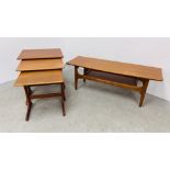 MID-CENTURY TEAK FINISH COFFEE TABLE ALONG WITH A NEST OF THREE MID-CENTURY TEAK FINISH COFFEE