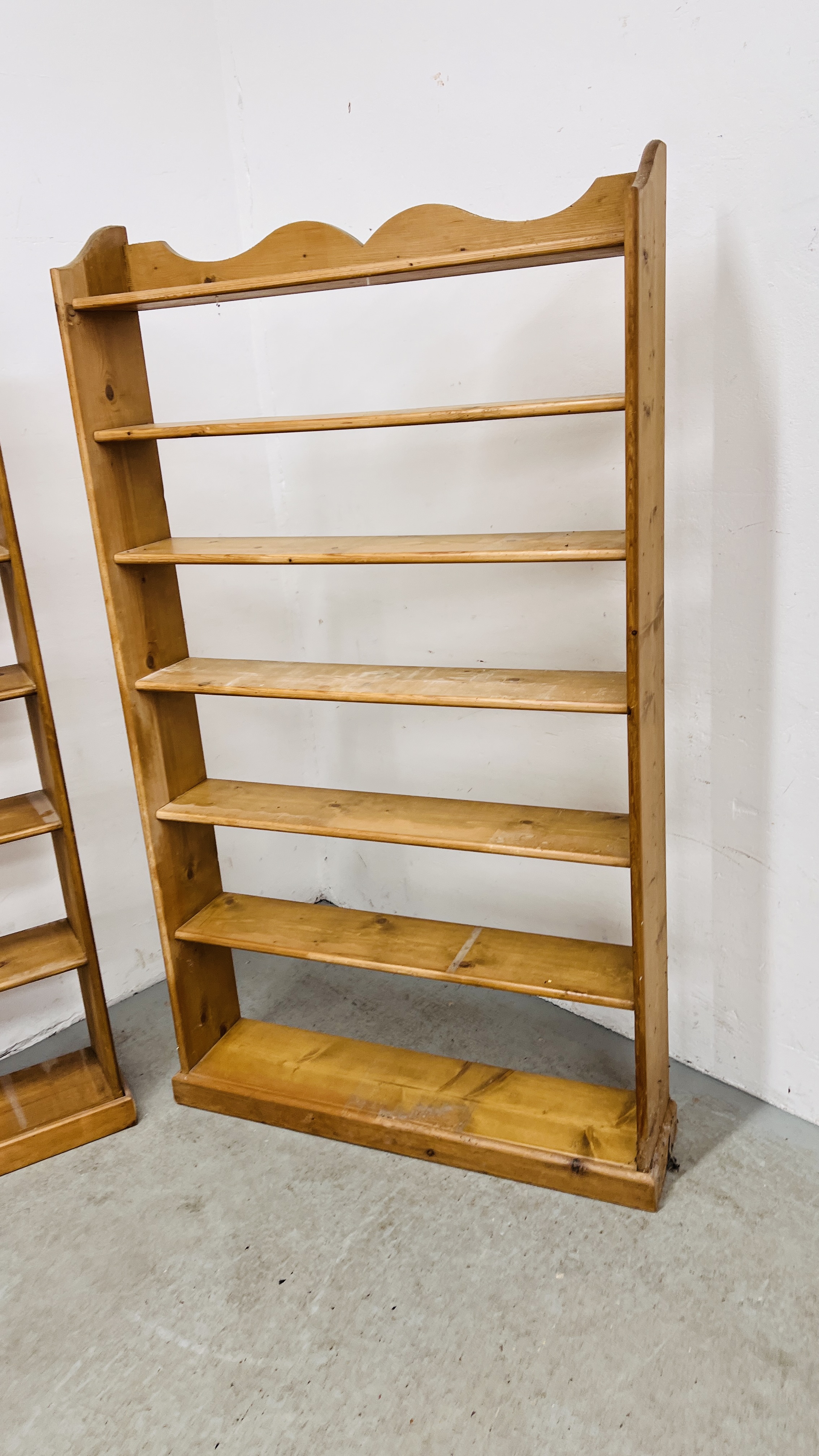 THREE WAXED PINE SEVEN TIER OPEN BACK SHELVES TO INCLUDE 2 X WIDTH 55CM. HEIGHT 176CM. - Image 10 of 13