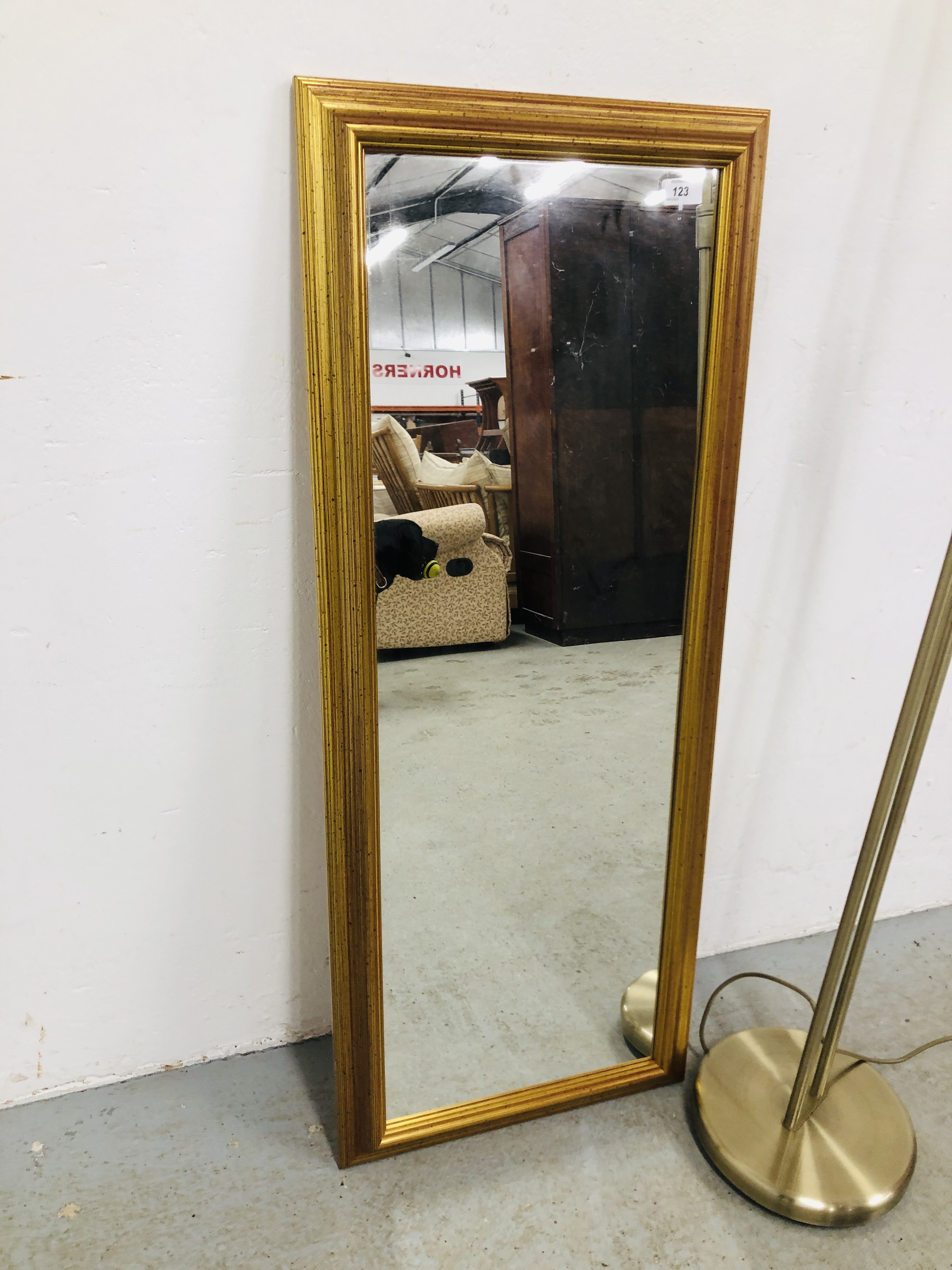 MODERN GILT FRAMED DRESSING MIRROR ALONG WITH A MODERN FLOOR STANDING UPLIGHTER WITH ADJUSTABLE - Image 3 of 4