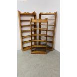 THREE WAXED PINE OPEN BOOK SHELVES TO INCLUDE 2 X SEVEN TIER WIDTH 73CM. HEIGHT 174CM.