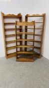 THREE WAXED PINE OPEN BOOK SHELVES TO INCLUDE 2 X SEVEN TIER WIDTH 73CM. HEIGHT 174CM.