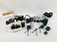 COLLECTION OF ASSORTED CAMERA EQUIPMENT TO INCLUDE NIKON F90 BODY, OLYMPUS OM20 BODY, CANON EOS 300,