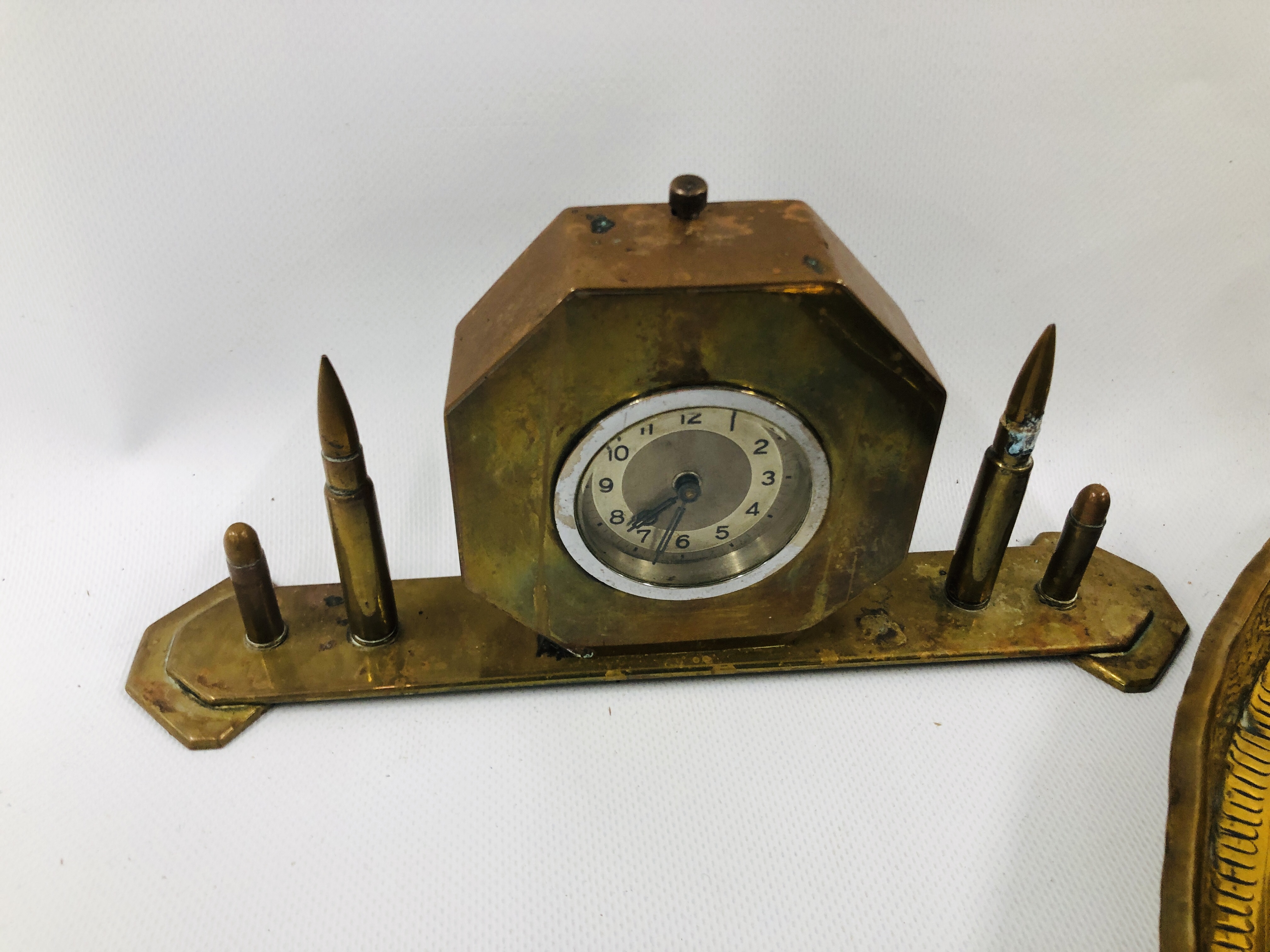 BOX OF MIXED METAL WARE TO INCLUDE A TRENCH ART CLOCK, THREE PIECE SILVER PLATED TEASET AND TRAY, - Image 11 of 11
