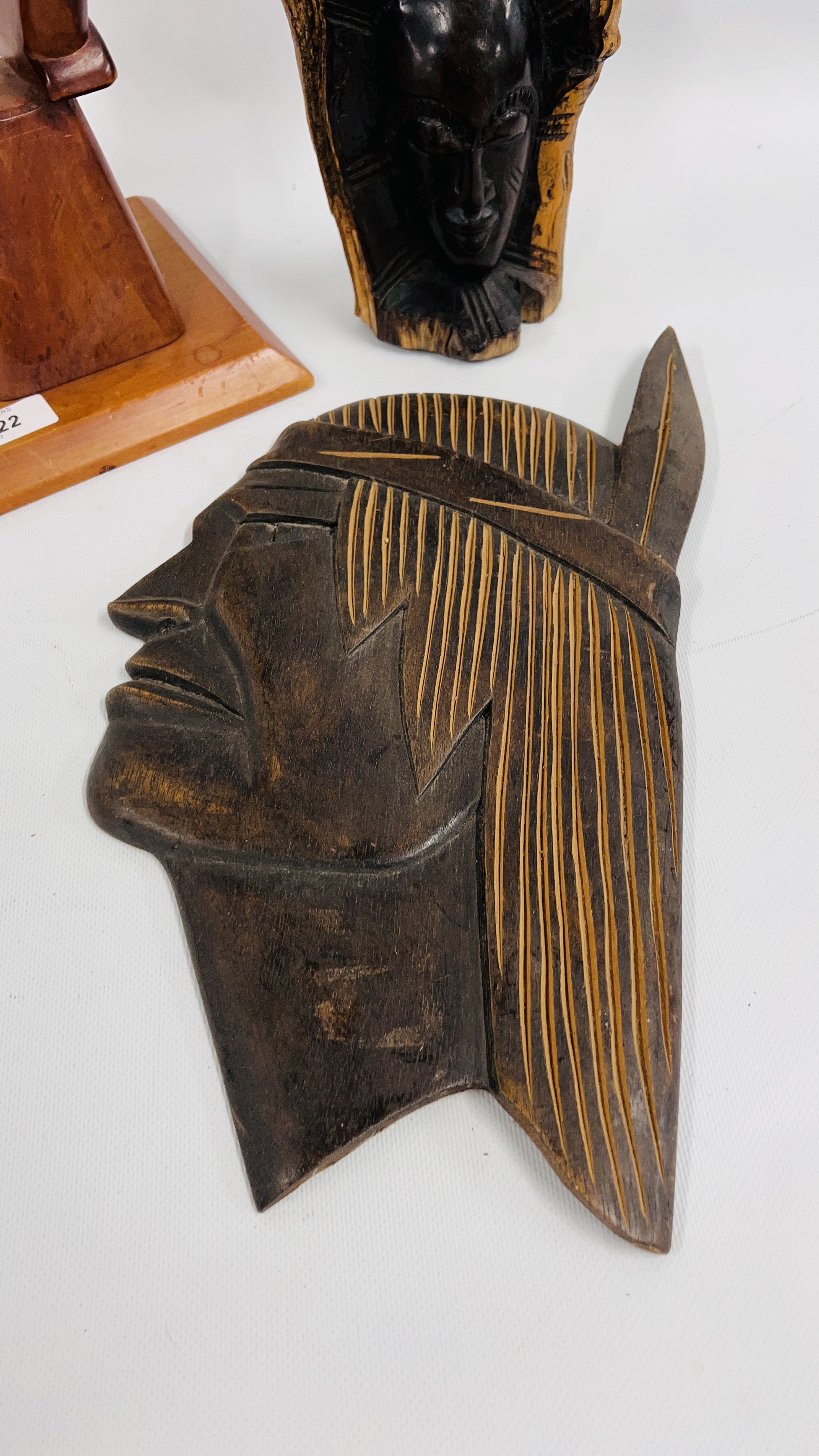 AN ETHNIC HARDWOOD CARVING HEIGHT 22CM., TRIBAL WALL MASK HEIGHT 40CM. - Image 2 of 7