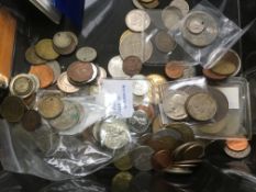 TUB OF MAINLY OVERSEAS COINS, SOME SORTED INTO COUNTRIES IN PLASTIC CABINETS.