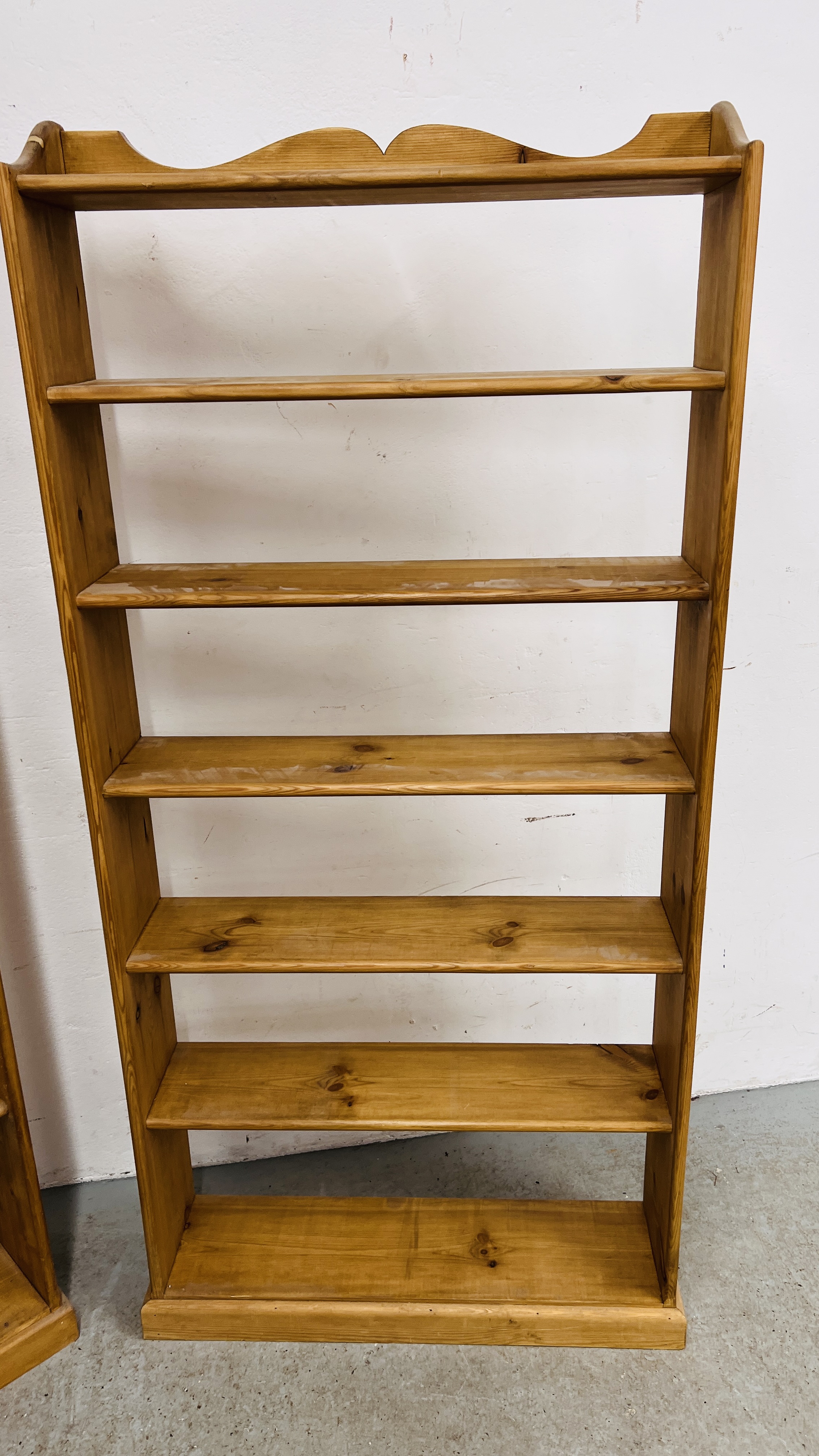 THREE WAXED PINE OPEN BOOK SHELVES TO INCLUDE 1 X SEVEN TIER WIDTH 88CM. HEIGHT 176CM. - Image 4 of 6