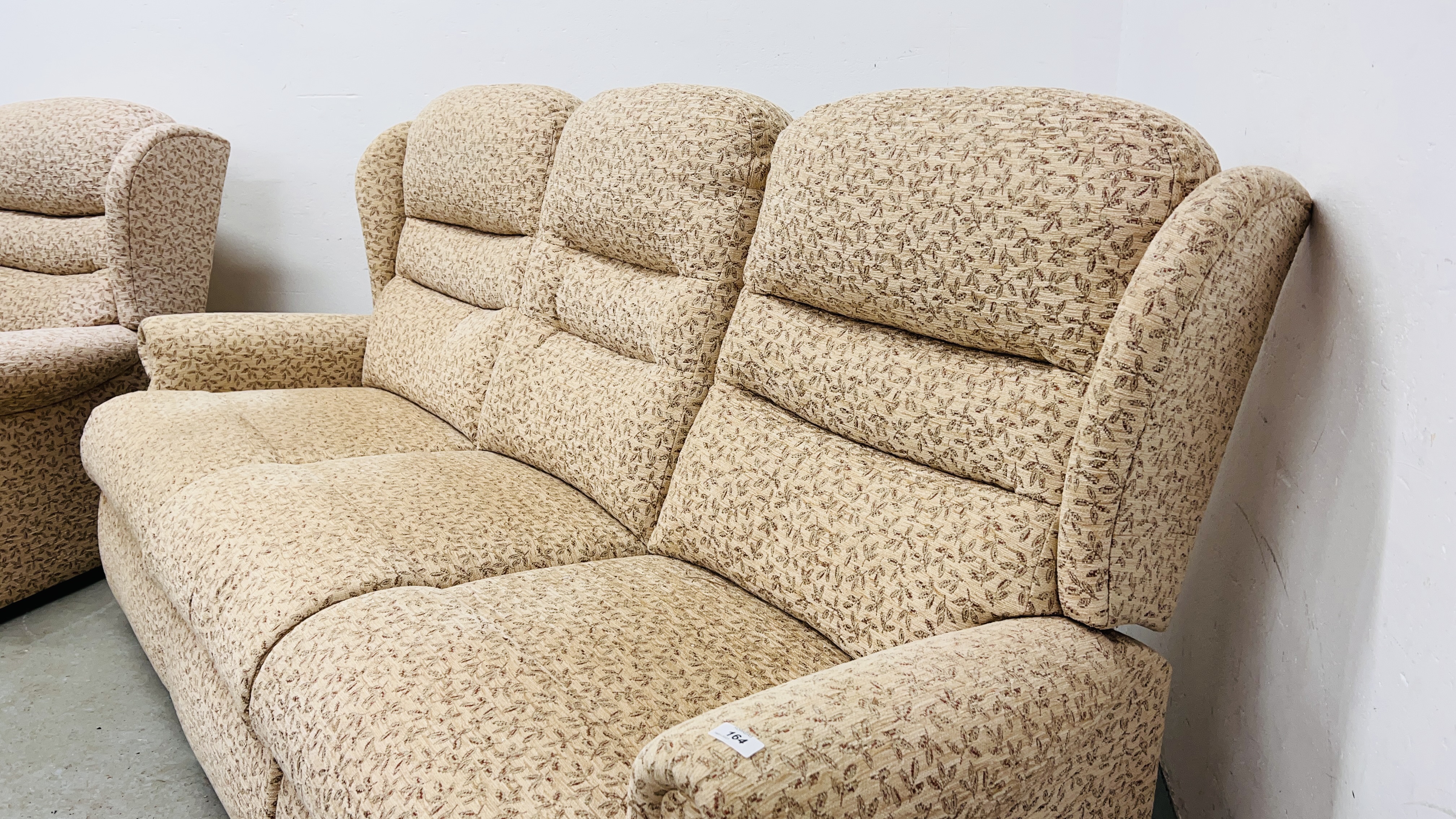 A MODERN CREAM PATTERN EASY CHAIR ALONG WITH A MATCHING TWIN RECLINER THREE SEATER SOFA. - Image 10 of 15