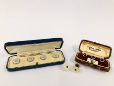 A CASED SET OF VINTAGE MOTHER OF PEARL DRESS BUTTONS ALONG WITH A FURTHER CASED SET OF THREE SILVER,