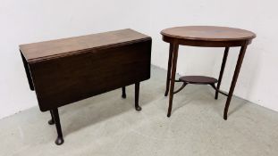 MAHOGANY DROP LEAF TABLE ALONG WITH AN OVAL EDWARDIAN INLAID OCCASIONAL TABLE