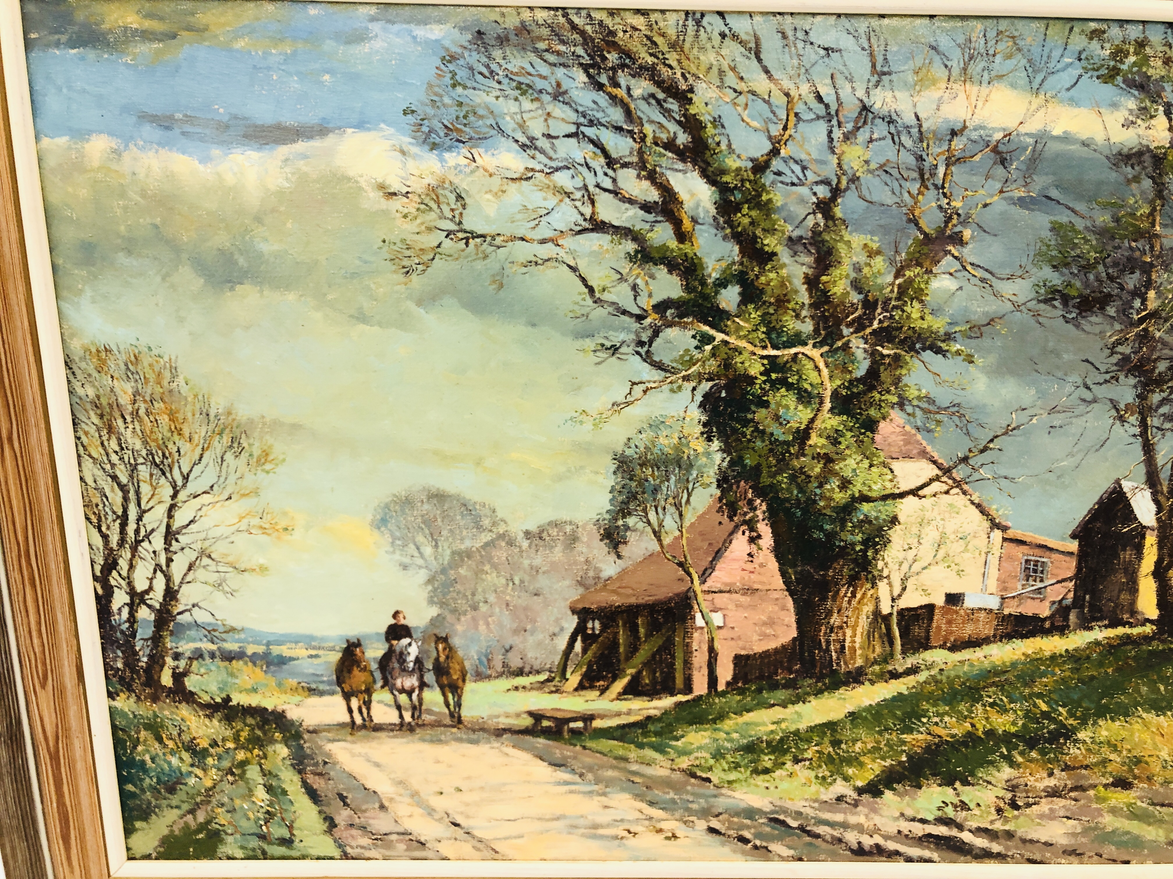 M. KAY "COUNTRY LANE WITH RIDER AND HORSES", OIL ON CANVAS 60 X 90CM. - Image 2 of 4