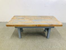 A HARDWOOD RECLAIMED PINE TOP COFFEE TABLE IN SHABBY CHIC FINISH