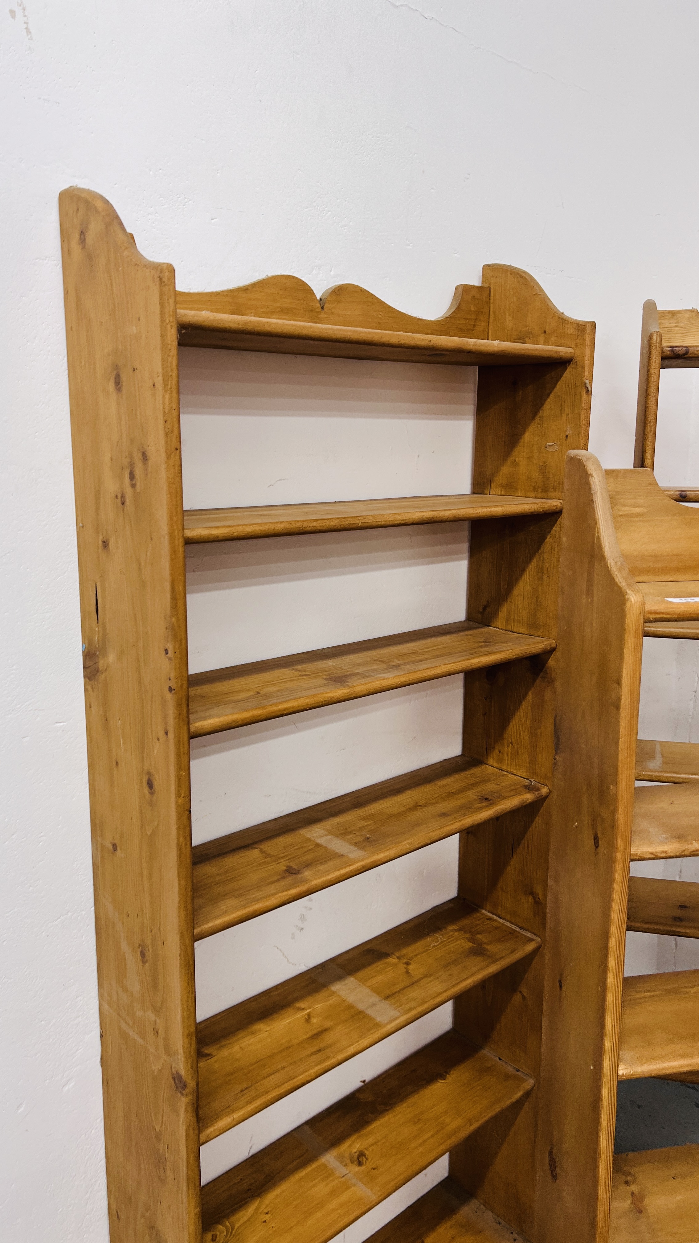 THREE WAXED PINE OPEN BOOK SHELVES TO INCLUDE 2 X SEVEN TIER WIDTH 73CM. HEIGHT 174CM. - Image 8 of 14