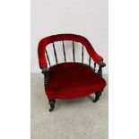 VICTORIAN EBONISED TUB CHAIR WITH TURNED SUPPORTS UPHOLSTERED IN RED VELVET