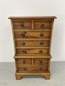 REPRODUCTION MINIATURE YEW FINISH MULTI DRAWER CHEST, EIGHT DRAWERS WIDTH 42CM. DEPTH 30CM.