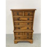 REPRODUCTION MINIATURE YEW FINISH MULTI DRAWER CHEST, EIGHT DRAWERS WIDTH 42CM. DEPTH 30CM.