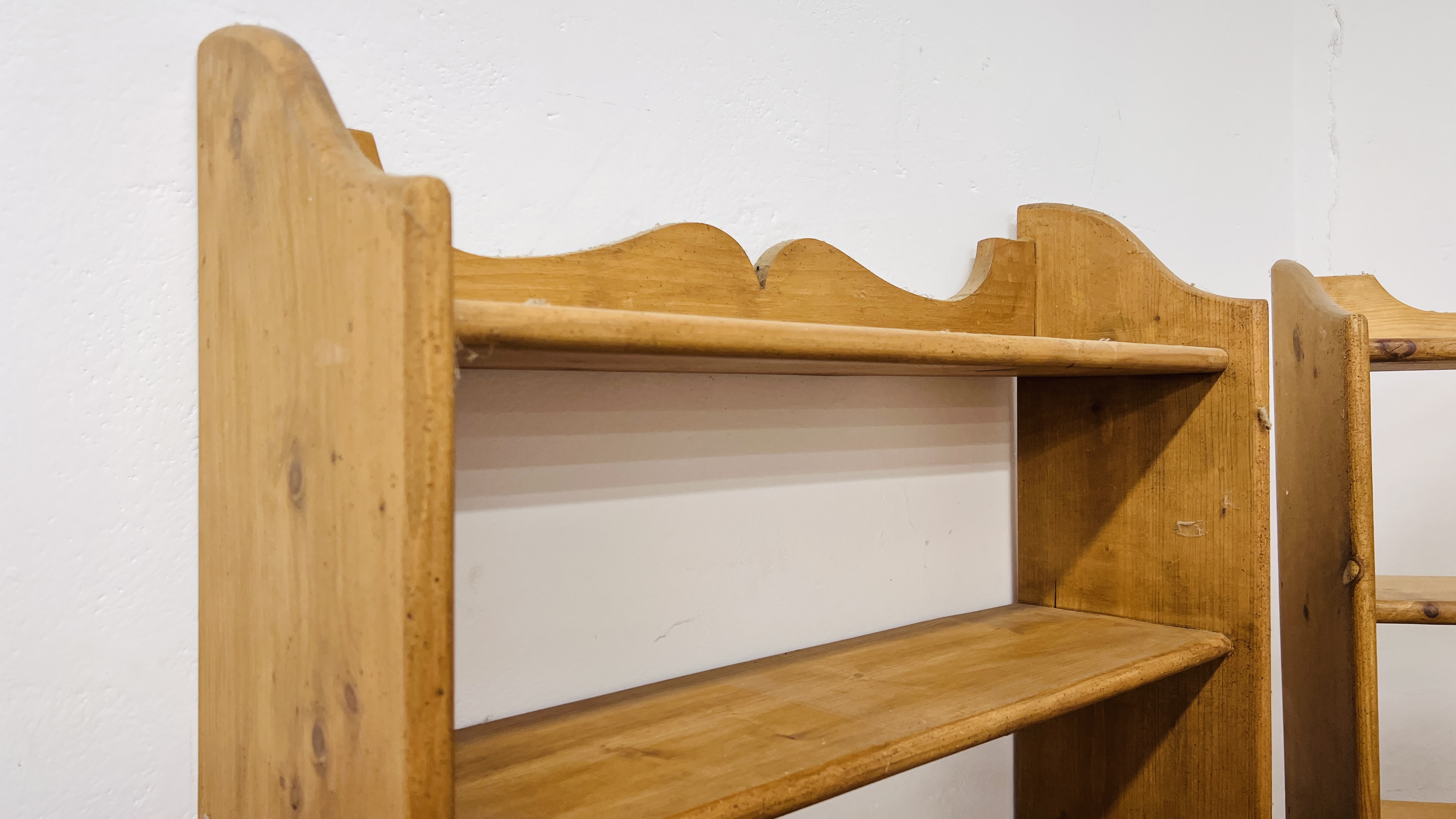 THREE WAXED PINE OPEN BOOK SHELVES TO INCLUDE 2 X SEVEN TIER WIDTH 73CM. HEIGHT 174CM. - Image 10 of 14