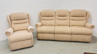 A MODERN CREAM PATTERN EASY CHAIR ALONG WITH A MATCHING TWIN RECLINER THREE SEATER SOFA.