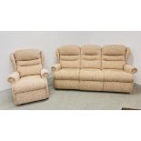A MODERN CREAM PATTERN EASY CHAIR ALONG WITH A MATCHING TWIN RECLINER THREE SEATER SOFA.