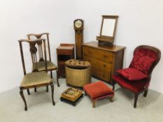 AN OAK THREE DRAWER CHEST, WALL MIRROR AND SHELF, BEDSIDE CHEST, A PAIR OF MAHOGANY FRAMED CHAIRS,