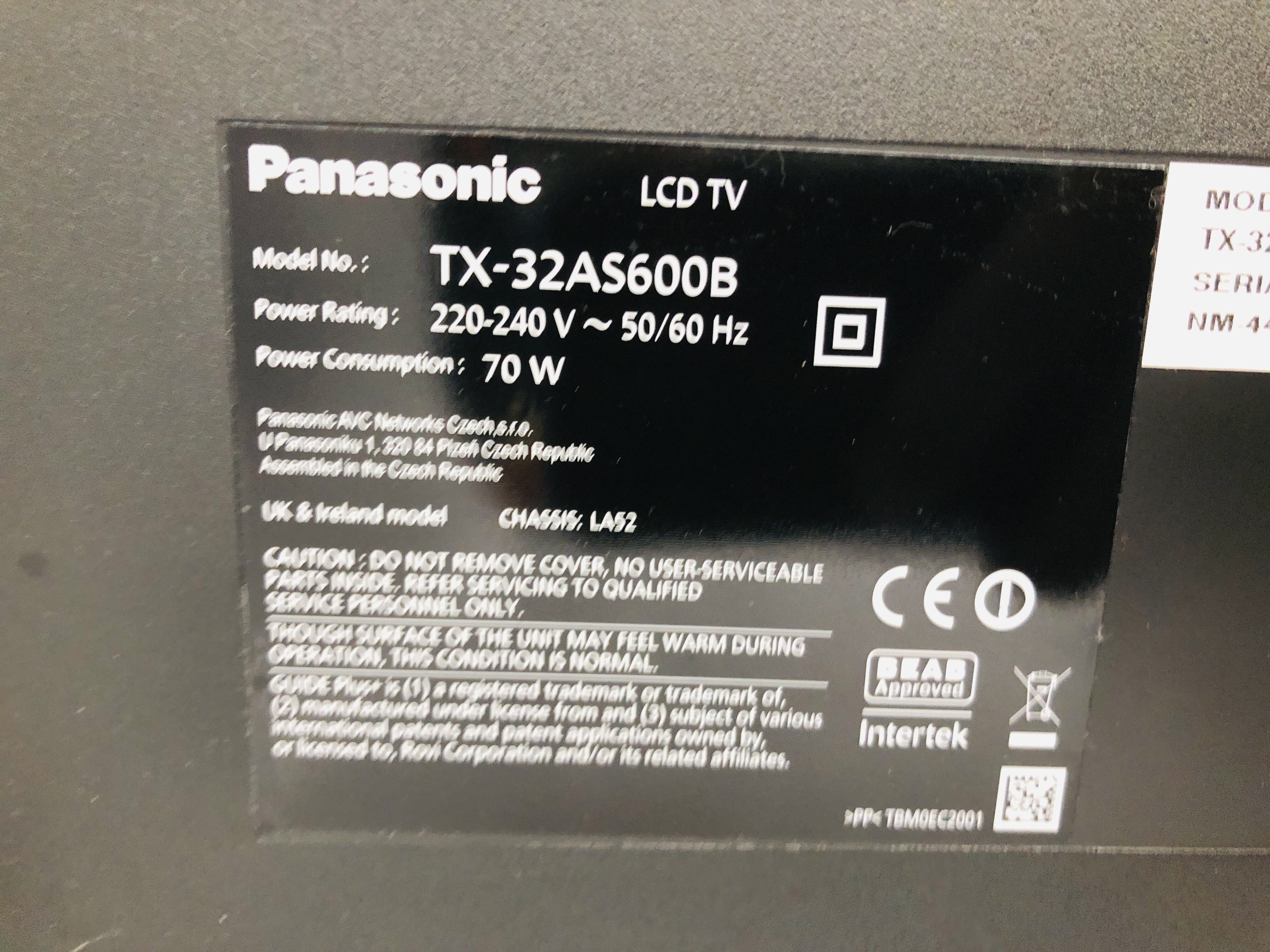 PANASONIC 32 INCH LCD TELEVISION MODEL TX-32AS600B ON A MODERN THREE TIER BLACK GLASS STAND - SOLD - Image 3 of 3