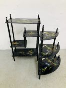 TWO LACQUERED THREE TIER STANDS WITH HAND PAINTED CHINESE DECORATION.