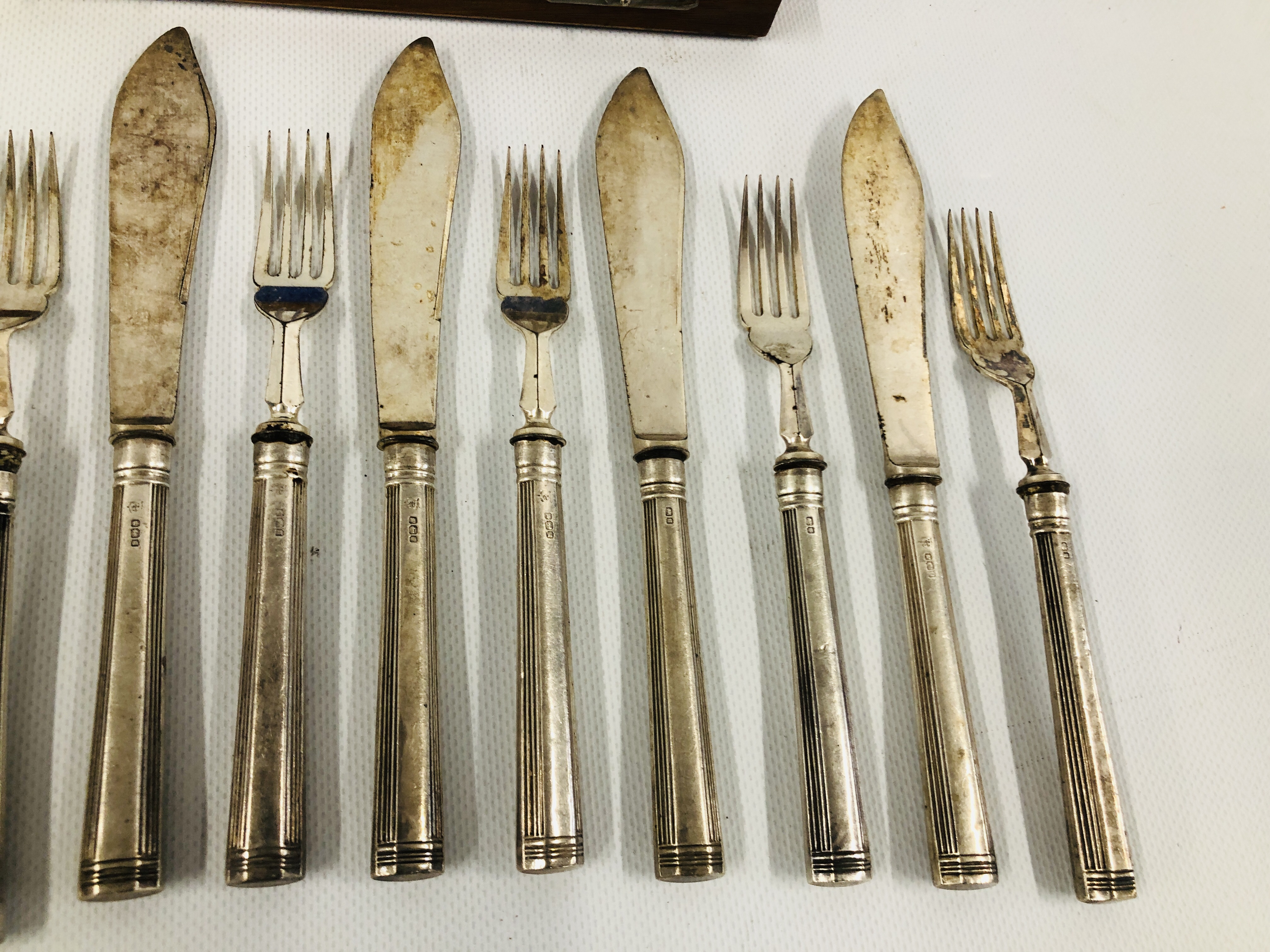 A VINTAGE MAHOGANY CASED SET OF 12 SILVER HANDLED FISH CUTLERY OF REEDED DESIGN ALONG WITH A - Image 3 of 8