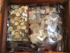 WOODEN BOX OF MAINLY FOREIGN COINS, MANY IN PACKETS AS BOUGHT, A FEW SILVER ETC.