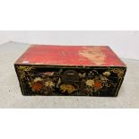 AN ANTIQUE CHINESE CAMPHOR WOOD THEATRICAL COSTUME TRUNK THE FRONT HAND PAINTED PANEL DEPICTING