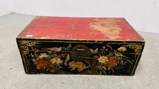 AN ANTIQUE CHINESE CAMPHOR WOOD THEATRICAL COSTUME TRUNK THE FRONT HAND PAINTED PANEL DEPICTING