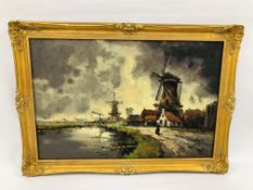 V. HORDEN (C20th NETHERLANDISH) RURAL SCENE WITH TWO WINDMILLS, OIL ON CANVAS, 60 X 90CM.