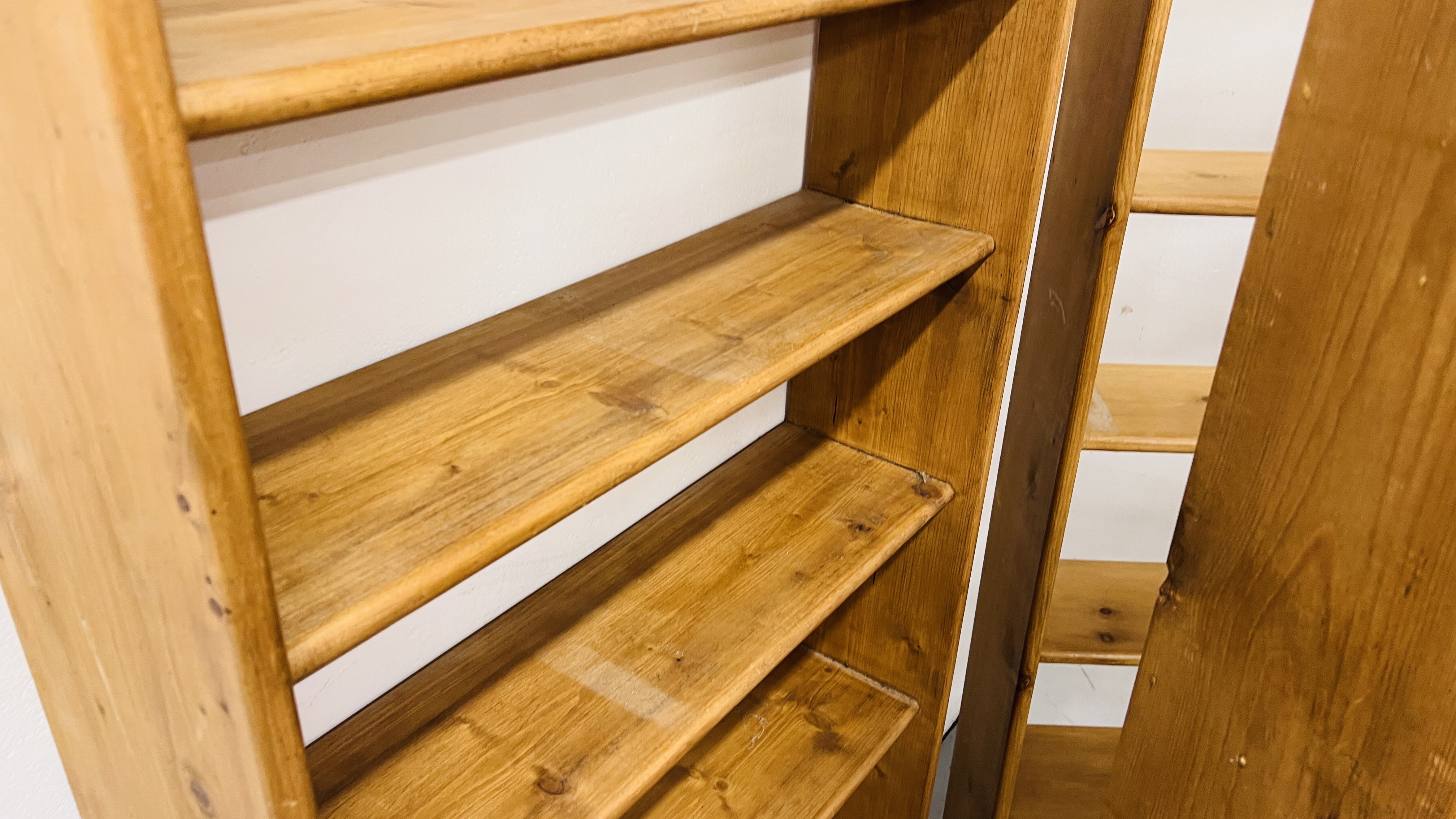 THREE WAXED PINE OPEN BOOK SHELVES TO INCLUDE 2 X SEVEN TIER WIDTH 73CM. HEIGHT 174CM. - Image 11 of 14