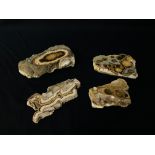A GROUP OF 4 POLISHED AGATE SEGMENTS TO INCLUDE BARYTE AND MARCASITE.