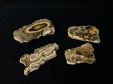 A GROUP OF 4 POLISHED AGATE SEGMENTS TO INCLUDE BARYTE AND MARCASITE.