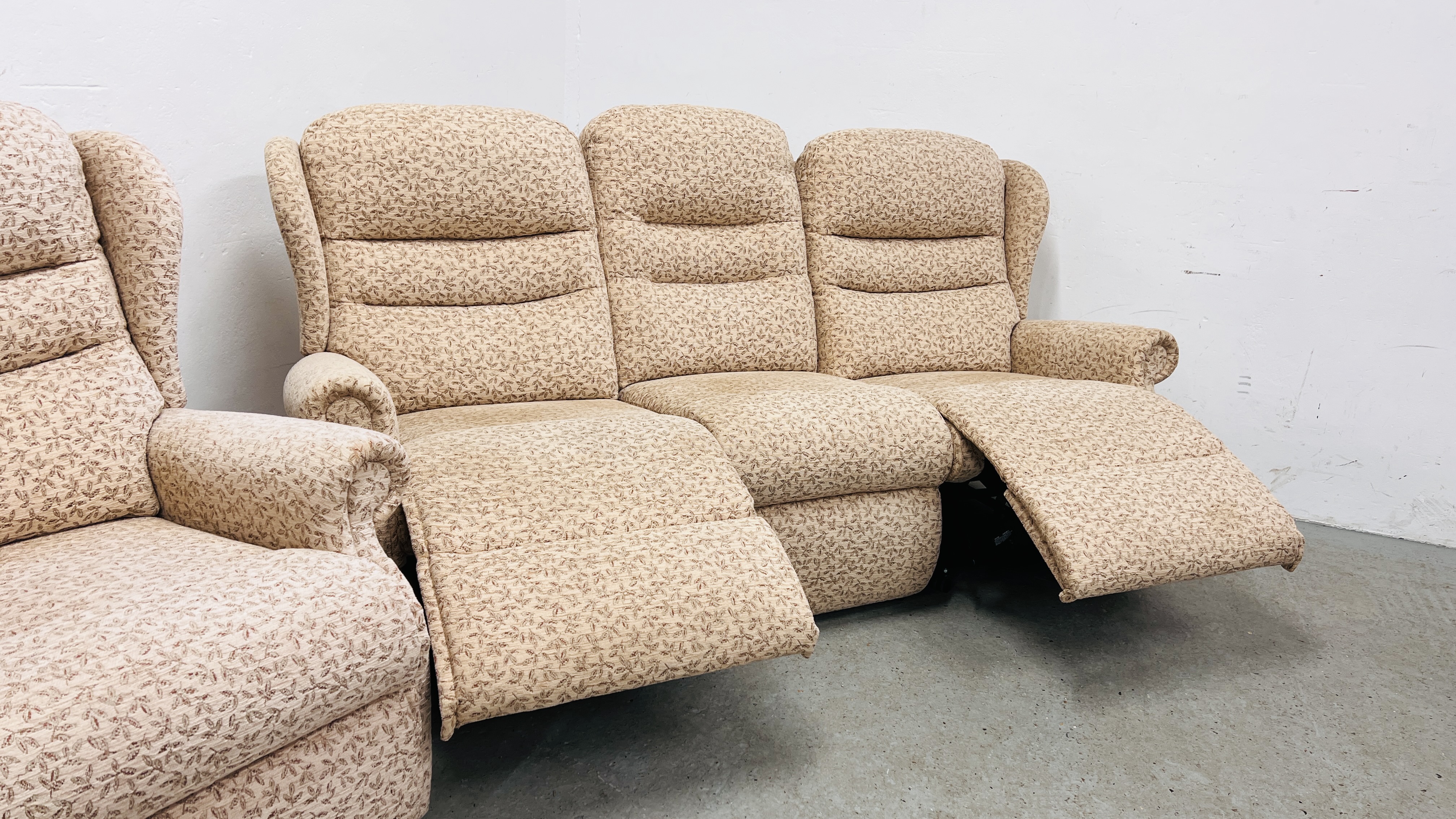 A MODERN CREAM PATTERN EASY CHAIR ALONG WITH A MATCHING TWIN RECLINER THREE SEATER SOFA. - Image 12 of 15