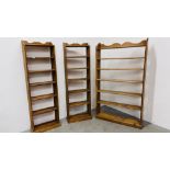 THREE WAXED PINE SEVEN TIER OPEN BACK SHELVES TO INCLUDE 2 X WIDTH 55CM. HEIGHT 176CM.