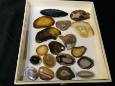 A COLLECTION OF APPROX 18 POLISHED AGATE SLICES.