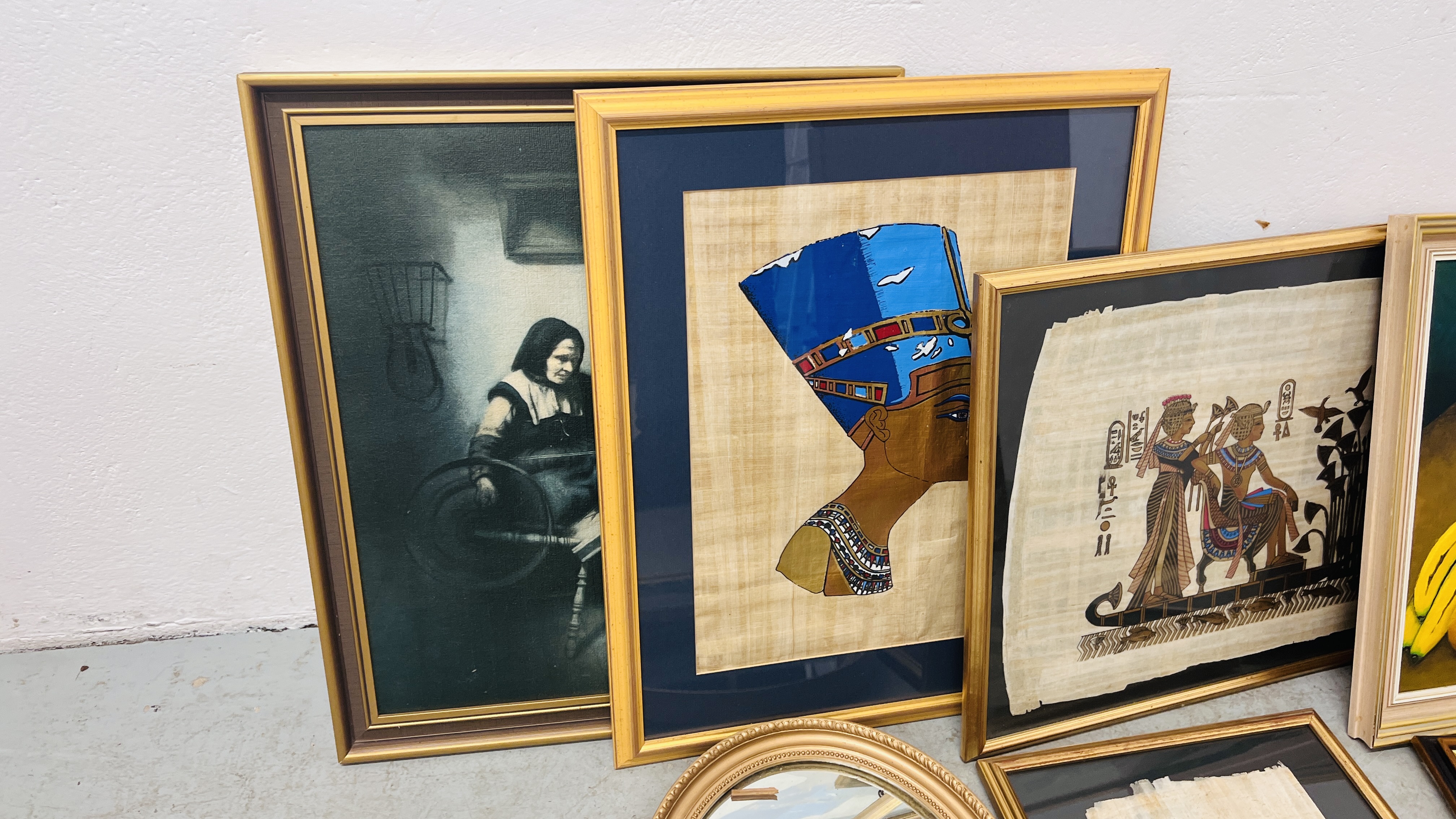 A BOX OF ASSORTED FRAMED PICTURES TO INCLUDE THREE EGYPTIAN PAPYRUS PICTURE, - Image 3 of 5