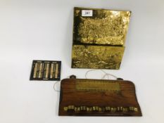 AND OAK AND BRASS WALL MOUNTED PIPE HOLDER "SMOKE AND BE HAPPY" ALONG WITH A BRASS LETTER RACK AND