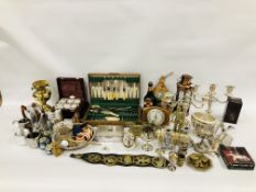 THREE BOXES CONTAINING SILVER RIMMED BOWL, SILVER PLATED WARES INCLUDING CANDELABRA,