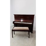 AN UPRIGHT PIANO BY CHAPPELL IN A GLOSS MAHOGANY FINISH ALONG WITH A JOHN AUSTIN DUET STOOL