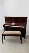 AN UPRIGHT PIANO BY CHAPPELL IN A GLOSS MAHOGANY FINISH ALONG WITH A JOHN AUSTIN DUET STOOL