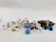 BOX OF ASSORTED CRYSTAL PAPERWEIGHTS, MARBLES AND SWAROVSKI STYLE ORNAMENTS, ETC.