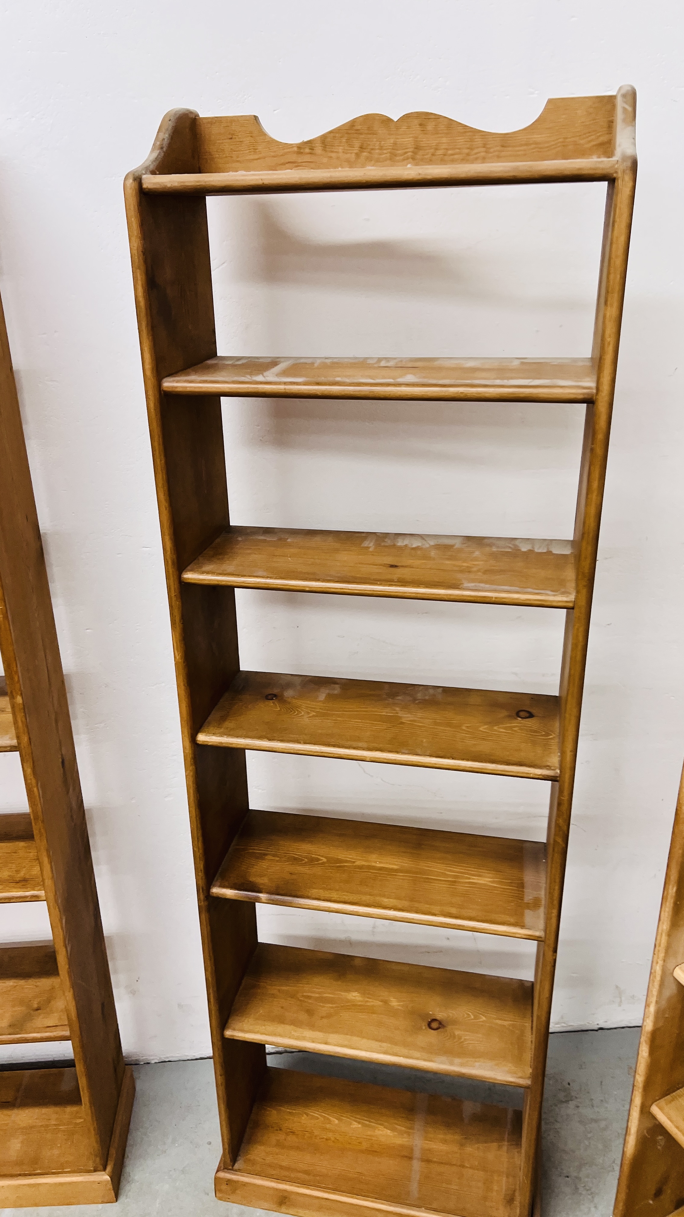 THREE WAXED PINE SEVEN TIER OPEN BACK SHELVES TO INCLUDE 2 X WIDTH 55CM. HEIGHT 176CM. - Image 12 of 13