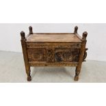 AN EASTERN HAND CARVED C19TH. DOWRY CHEST/CUPBOARD, WIDTH 71CM. DEPTH 40CM. HEIGHT 68CM.