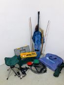 QUANTITY OF FISHING EQUIPMENT TO INCLUDE FISHING BOX WITH ACCESSORIES, LANDING NET, BAIT BOXES,