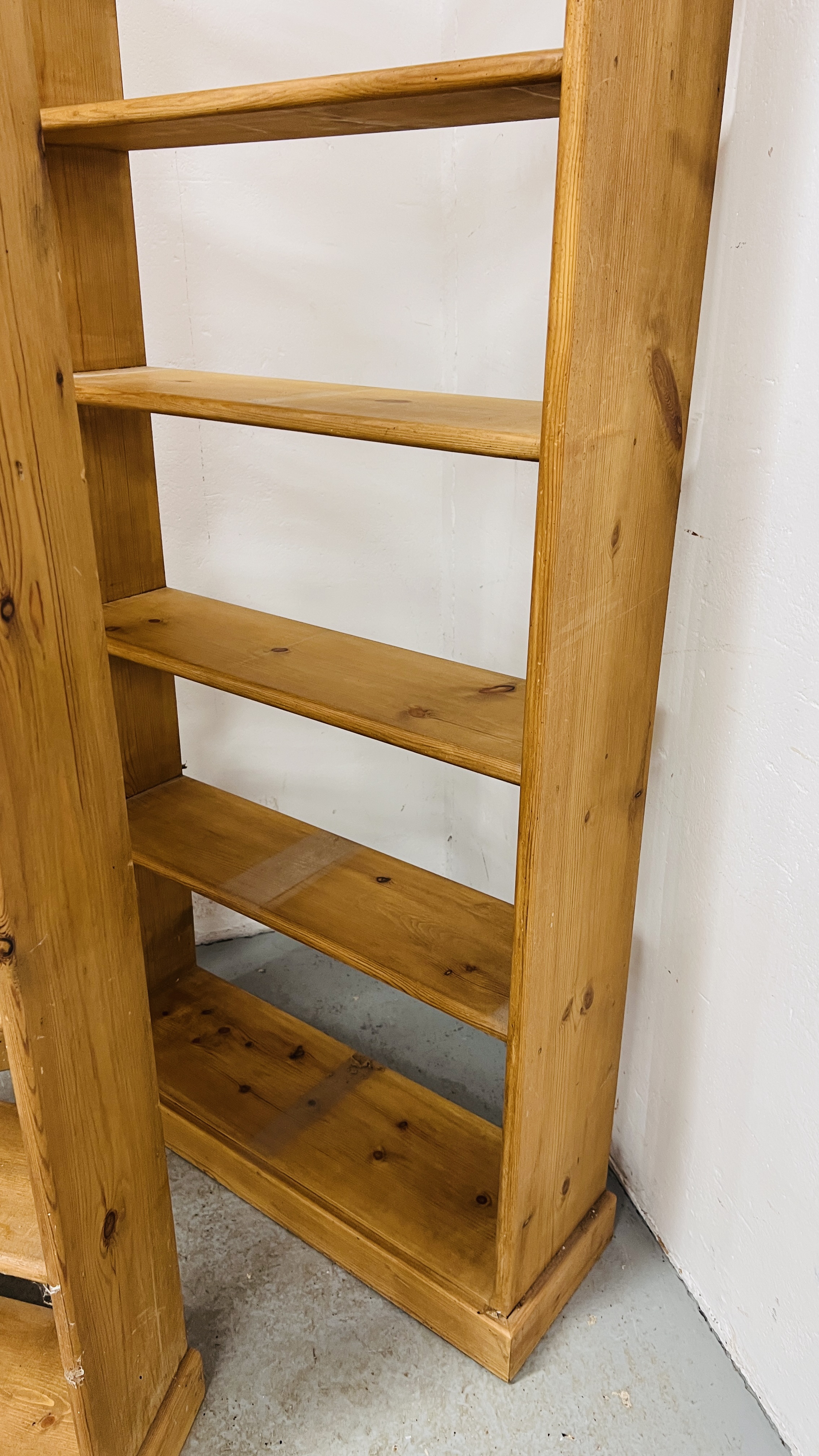 THREE WAXED PINE OPEN BOOK SHELVES TO INCLUDE 2 X SEVEN TIER WIDTH 73CM. HEIGHT 174CM. - Image 7 of 14